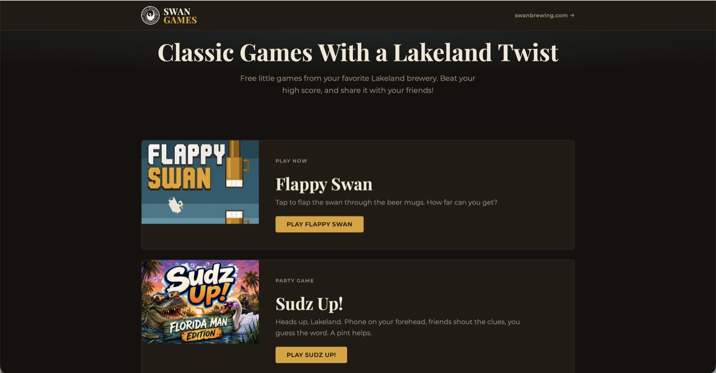 Swan Games arcade landing page
